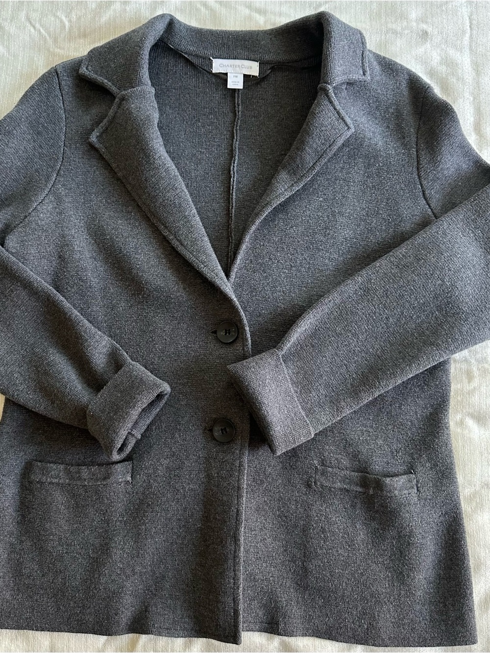 Charter Club Dark Academia 100% Cotton Knit Sweater Blazer Grey PM